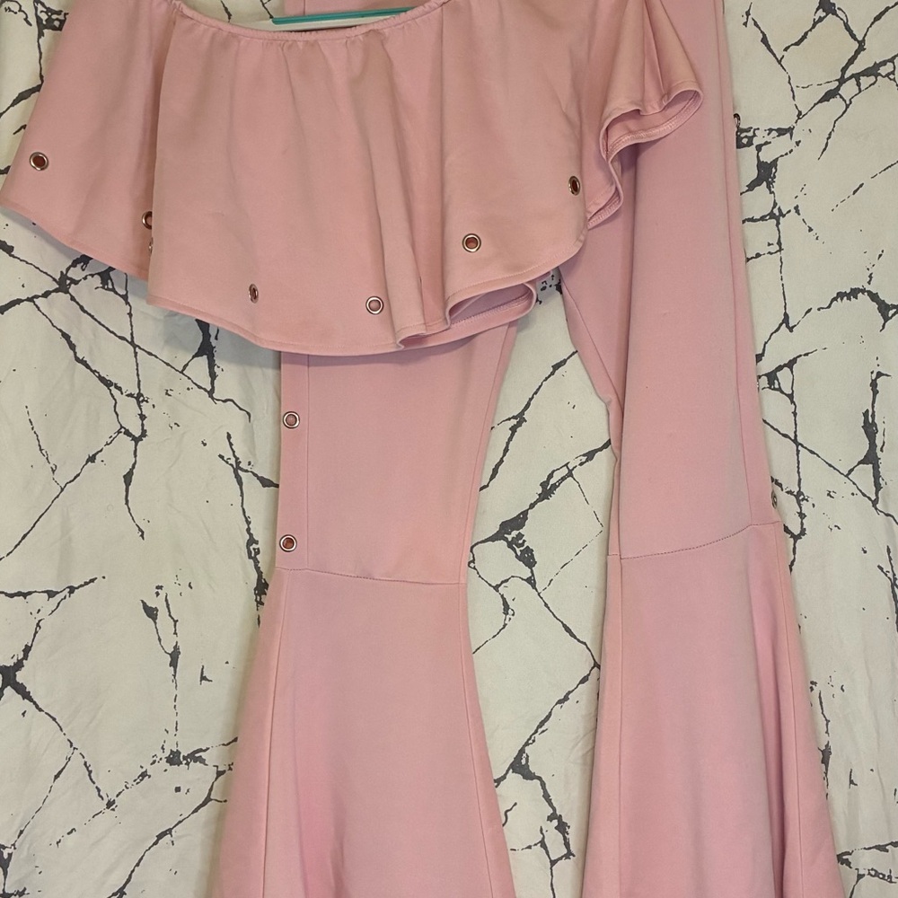 Pink Off-Shoulder Jumpsuit with Flared Legs